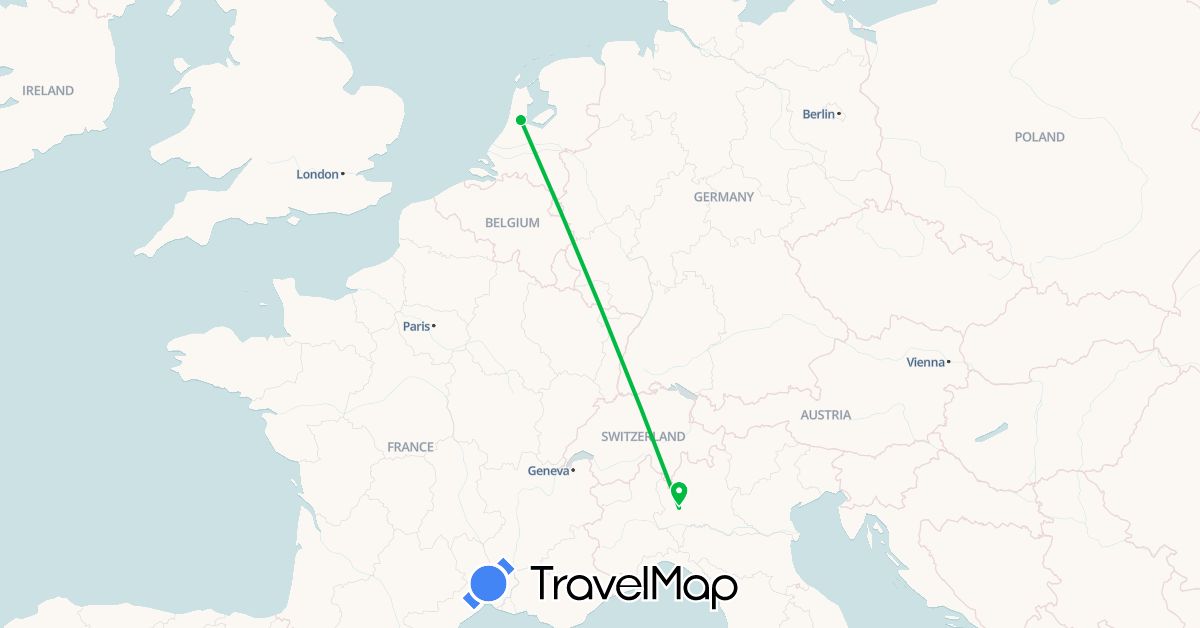 TravelMap itinerary: driving, bus in Italy, Netherlands (Europe)